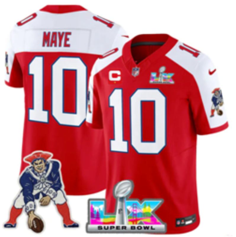 Men 2026 New England Patriots #10 Maye Red Super Bowl Nike Limited NFL Jersey style 04